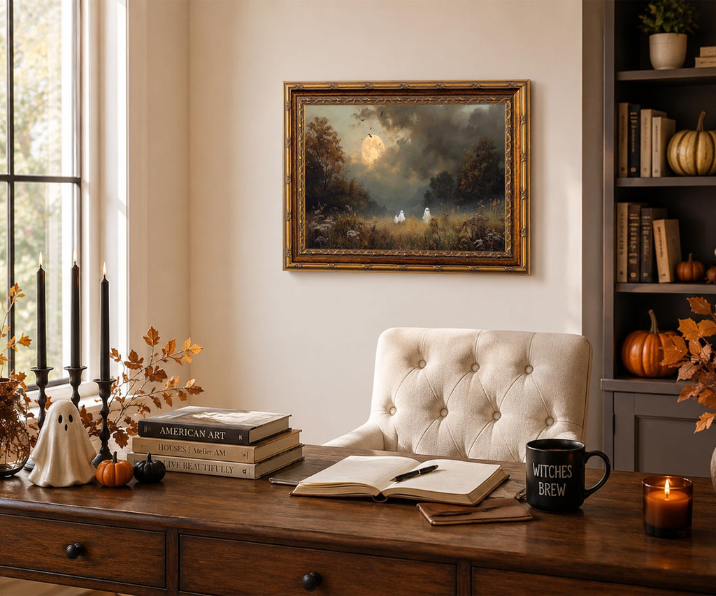 Vintage Gold Framed Halloween Ghost Wall Art, Gothic Ghost Meadow Canvas