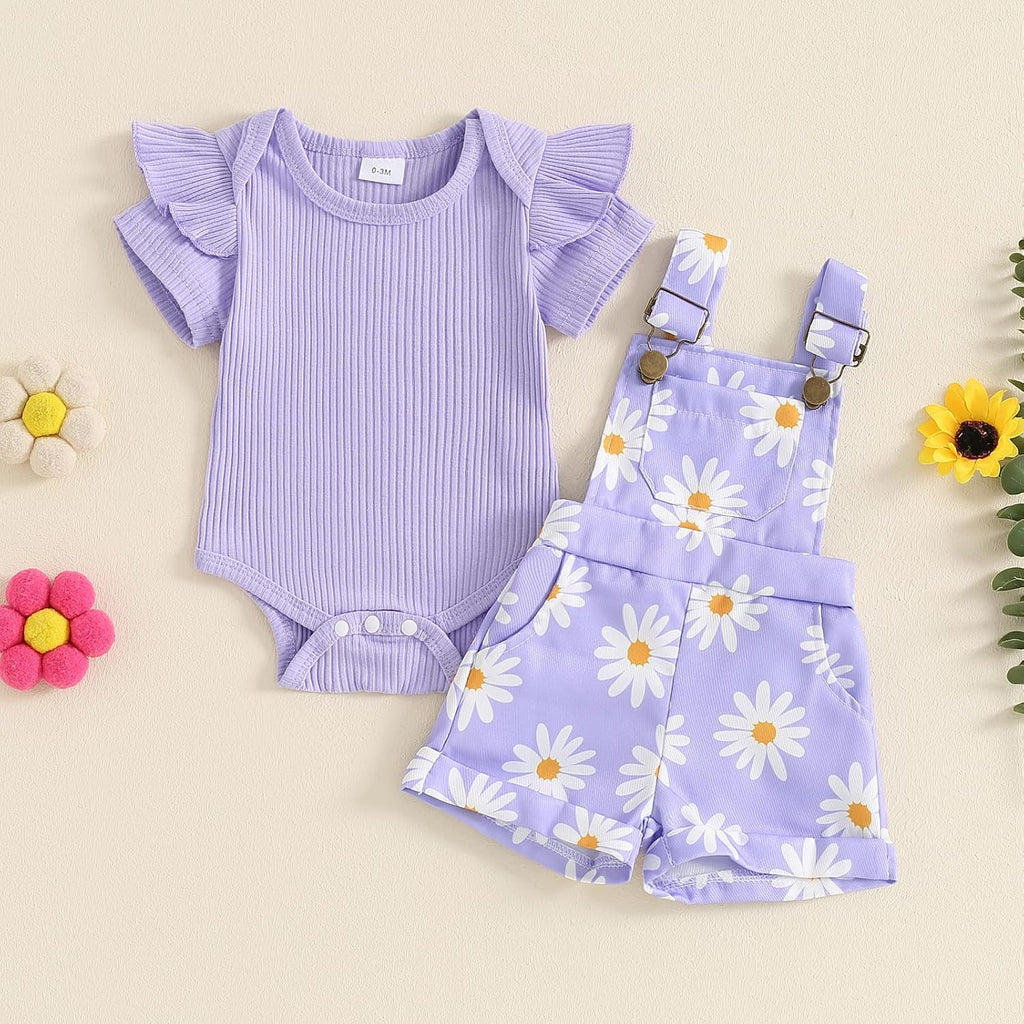 Newborn Baby Girl Summer Clothes Ribbed Ruffle Short Sleeve Romper Daisy Suspender Overall Shorts 2Pc Outfits
