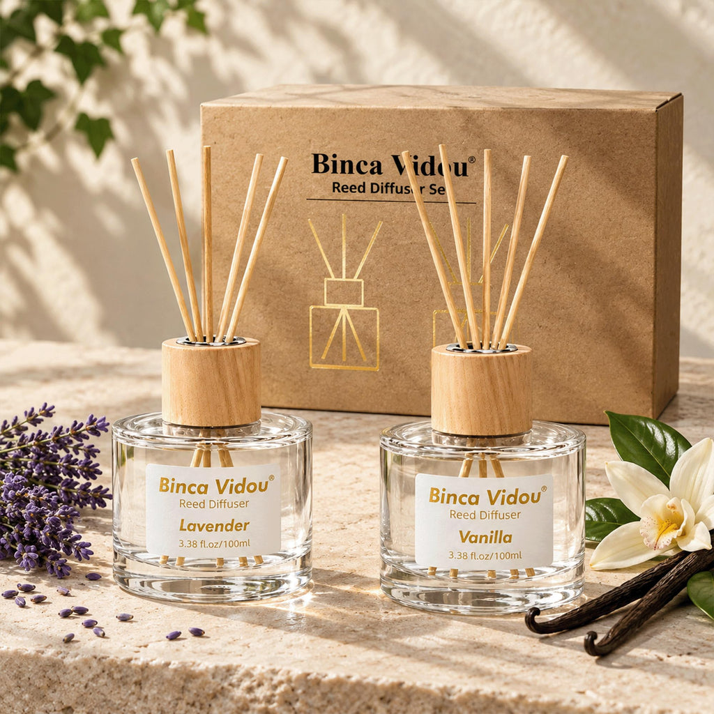 Reed Diffuser Set, Lavender & Vanilla Natural Scent Oil Diffusers with Sticks Bathroom Aromatherapy Decor 3.4oz x 2