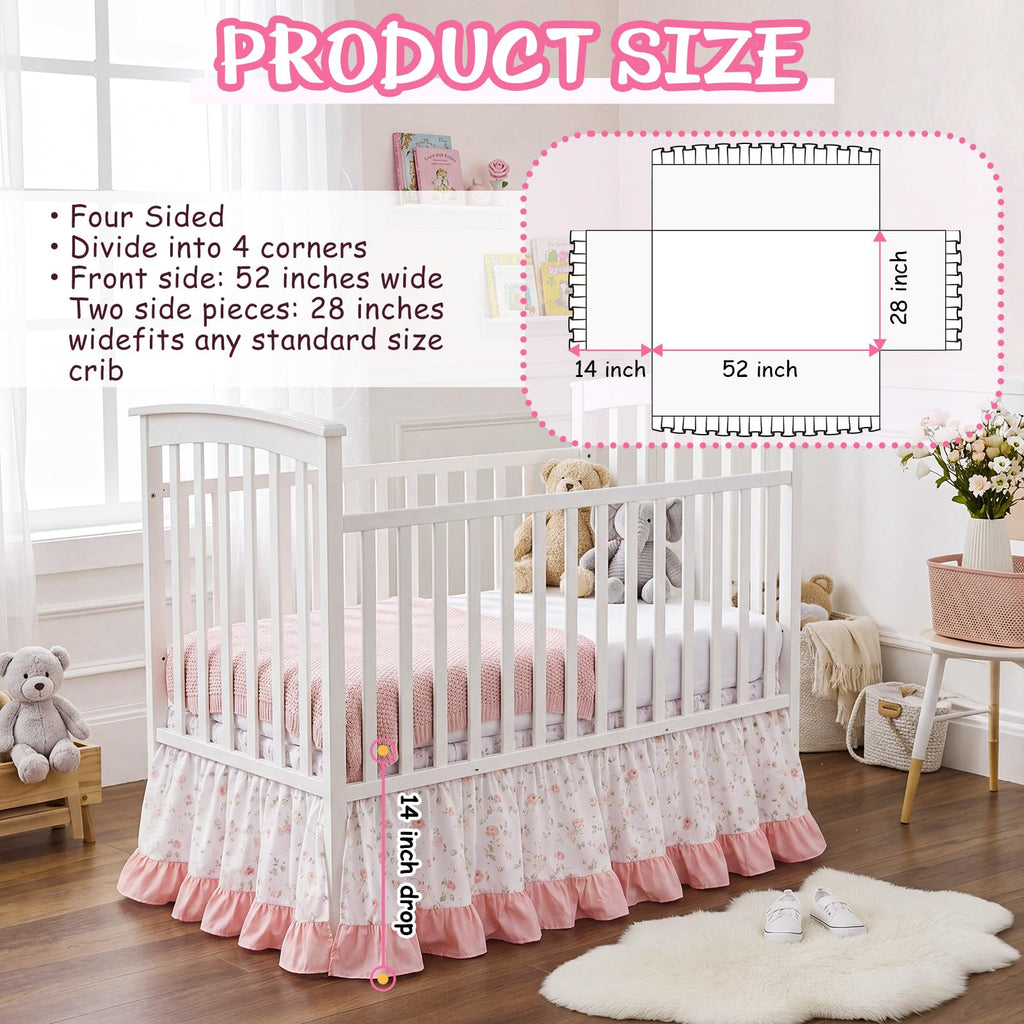 Pink Crib Skirt for Baby Girls Boys, 100% Washed Cotton Bed Skirt