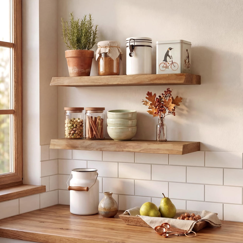 24 Inch Live Edge Floating Shelves for Wall, 8in Deep Solid Elm Wood