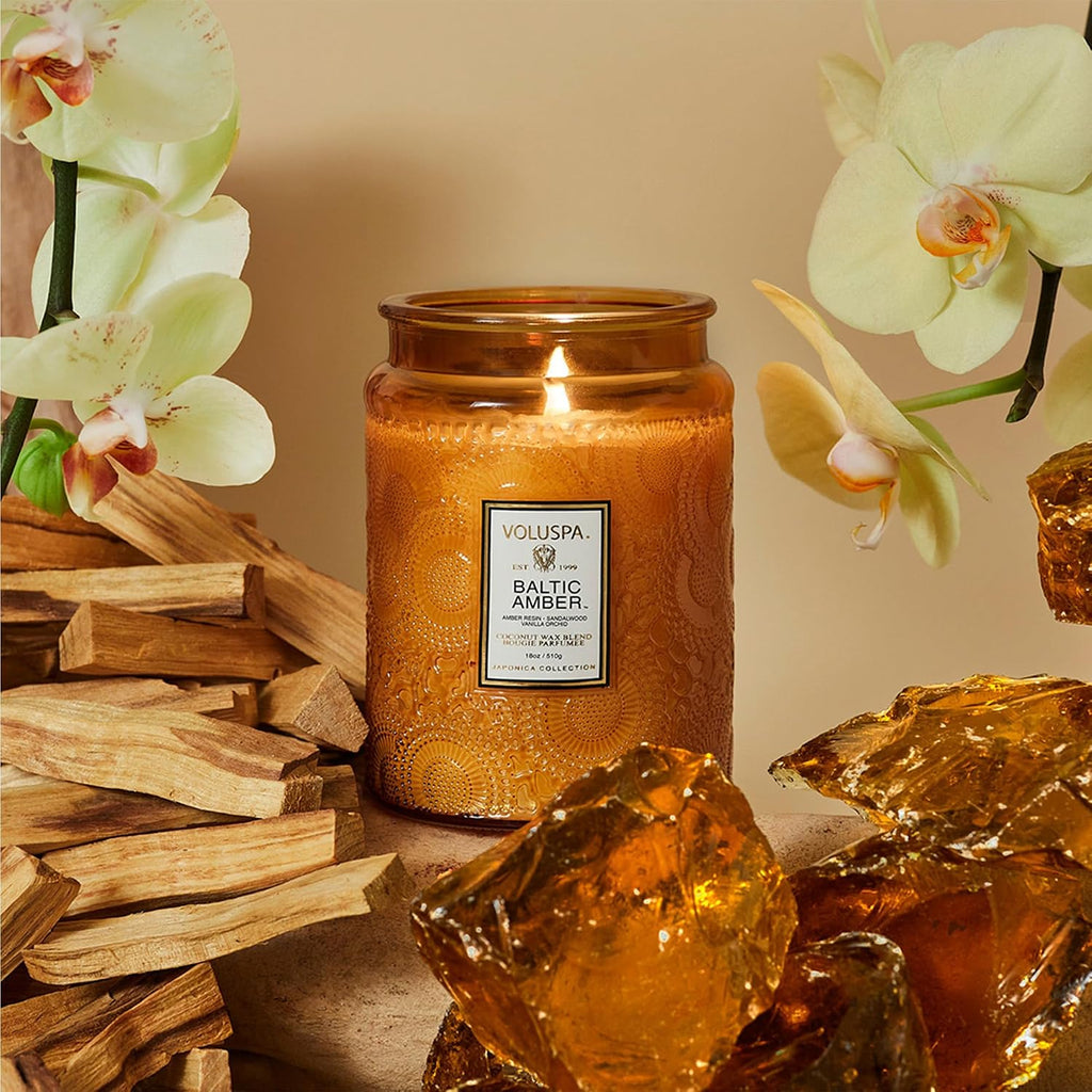 Baltic Amber Large Scented Candle Jar 18 Oz, 100 Hr Burn | Coconut Wax Blend in Decorative Glass, Clean Even Burn