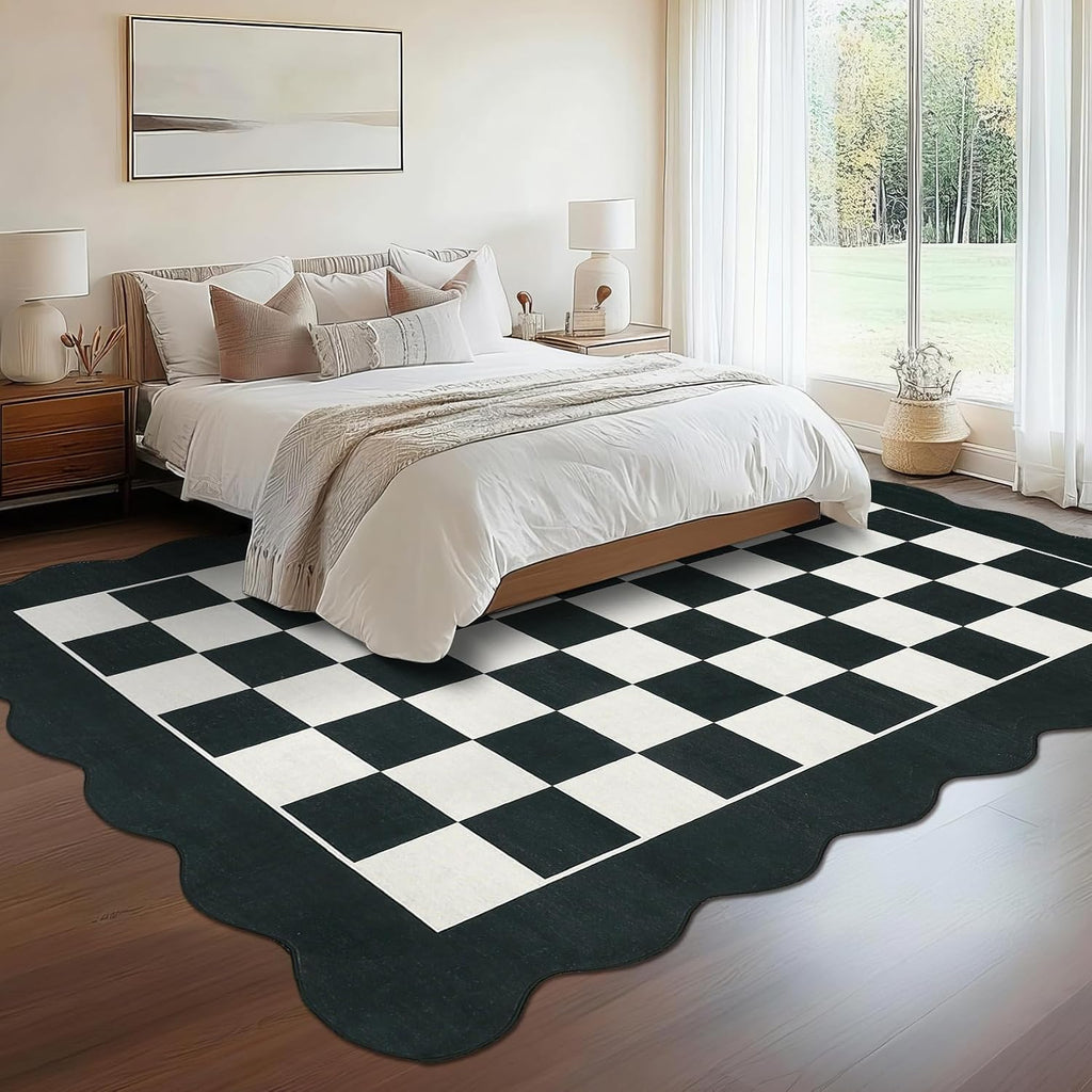 Large Area Rug Washable Living Room Rug Scalloped Neutral Area Rugs Dining Room Modern Checkerboard Carpet Stain