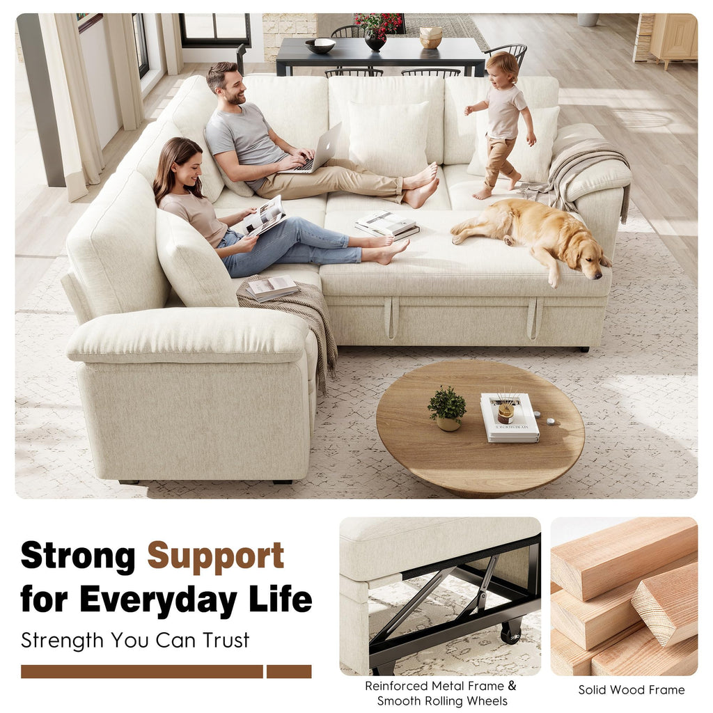86" Modular Sectional Sofa with Pull Out Bed, 5-Seater L Shaped Sectional Sleeper Couch with Storage, Chenille