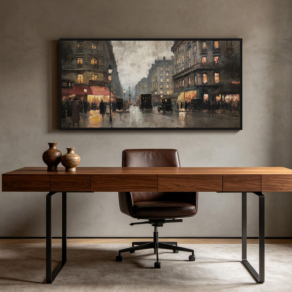 Vintage Paris Street Canvas Print Black Framed Wall 58x29 Inch