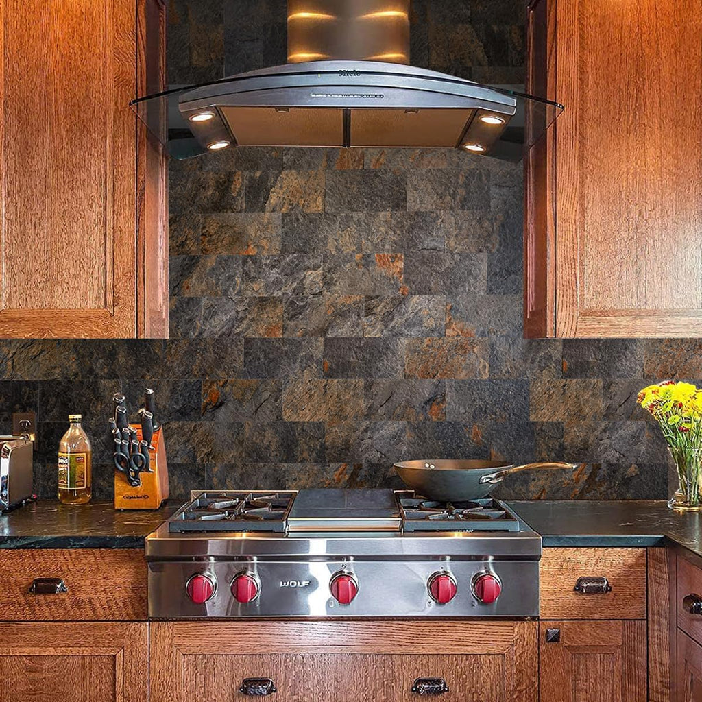 100 Piece Rust Slate Peel and Stick Backsplash Wall , 3" x 6" PVC Faux Stone Stick on for Backsplash Kitchen