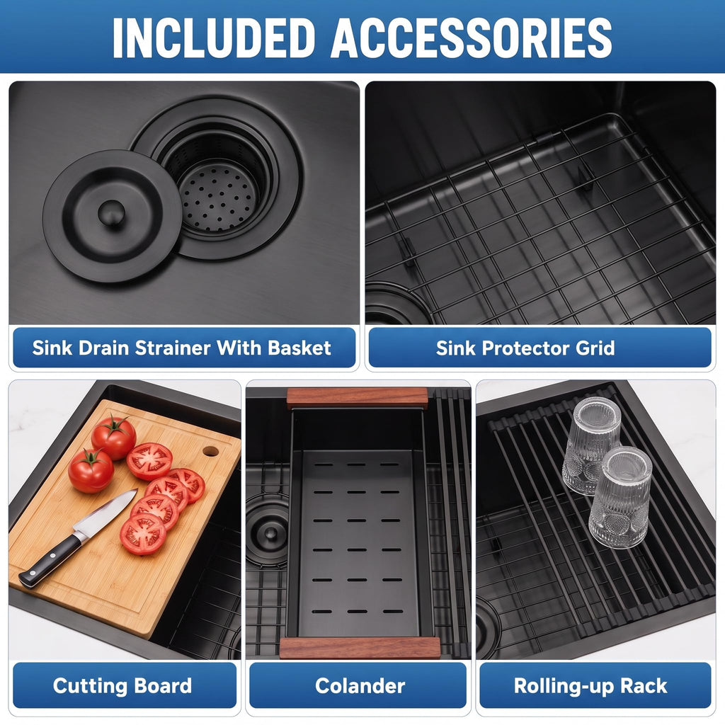 Black Undermount, 32 Inch Undermount Kitchen Workstation Sink with X-Shaped Drain Line, 10 Inch Deep Single Bowl