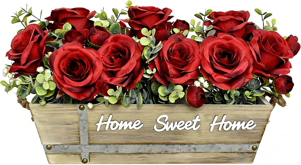 Artificial Rose Flower Arrangement with Eucalyptus in Wooden Planter, Faux Flowers Farmhouse Table Centerpiece