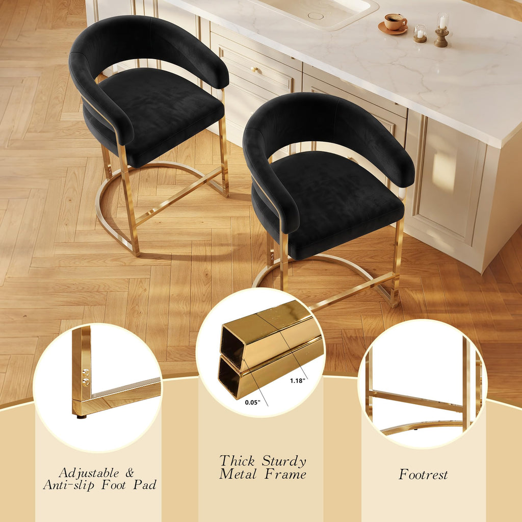 Modern Counter Height Bar Stools, Bar Stools Set of 4, Velvet Upholstered Barrel Barstools with Backs, 26" Kitchen
