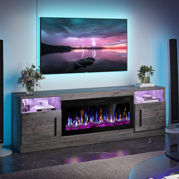 TV Stand with 36" inch Electric Fireplace Up to 80" TVs, LED Light Entertainment Center, 70" Modern Wood High Gloss