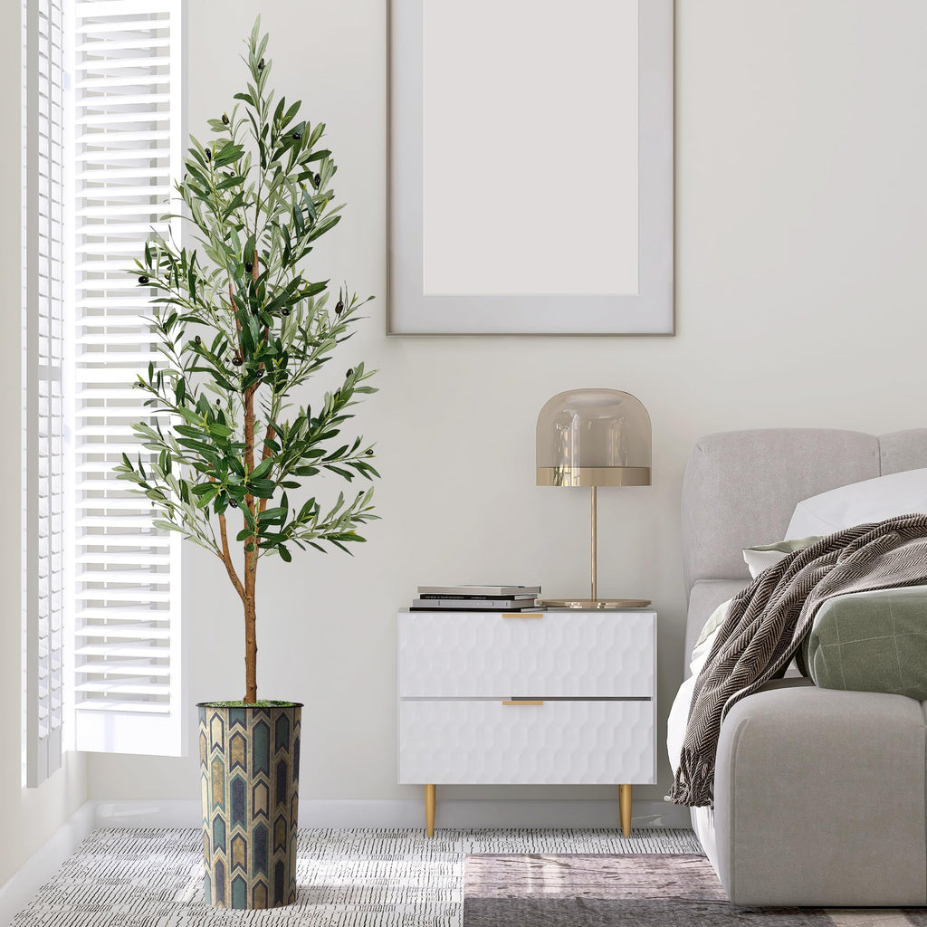 Artificial Tree in Modern Polygon Pattern Effect Planter, Fake Olive Silk Tree for Indoor and Outdoor Home Decoration