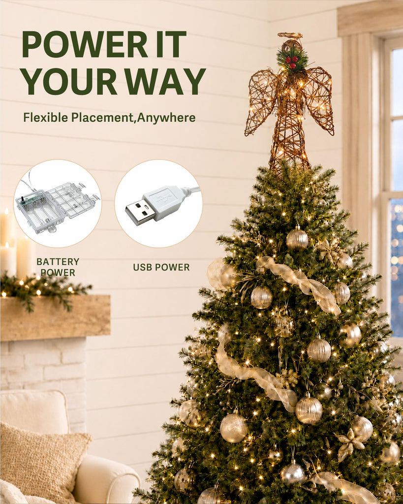 Natural Rustic Angel Christmas Tree Topper 12" Farmhouse 6H Timer