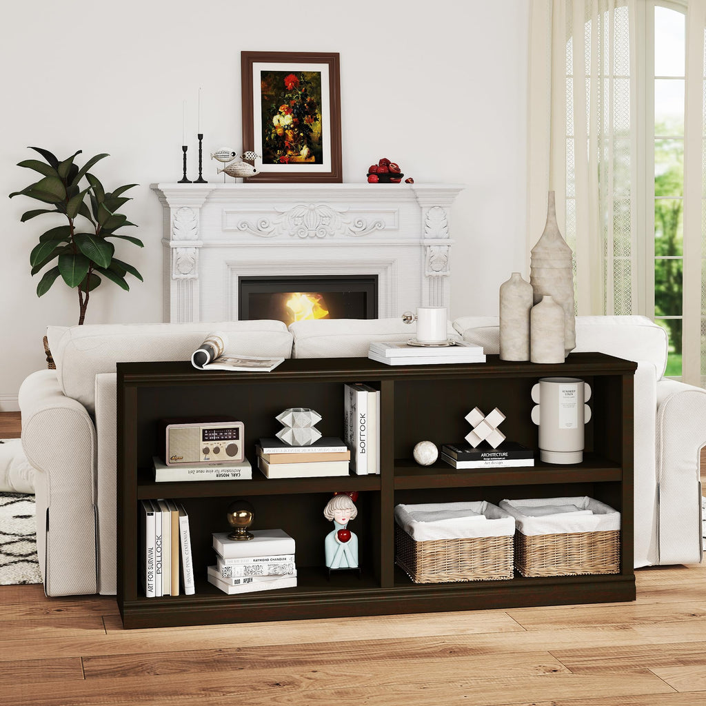 Low Horizontal Bookshelf Double Wide 64" 2-Tier Bookcase 4 Cube Storage Organizer Cherry Wood Bookcases Decor Display