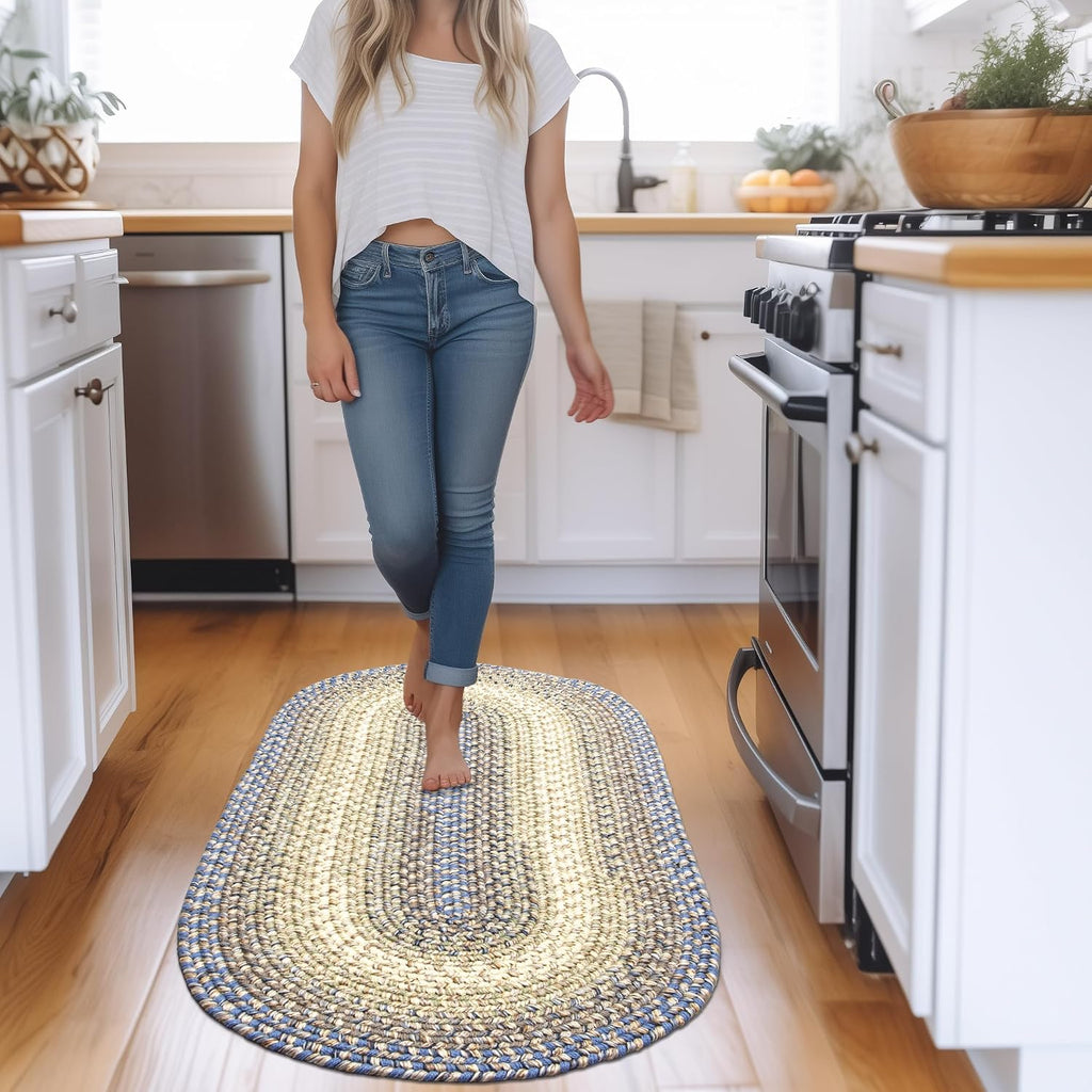 Braided Rugs Farmhouse Kitchen Rug - Ridgewood Braided Rug - Reversible - Indoor/Outdoor - Made in USA - Blue/Beige