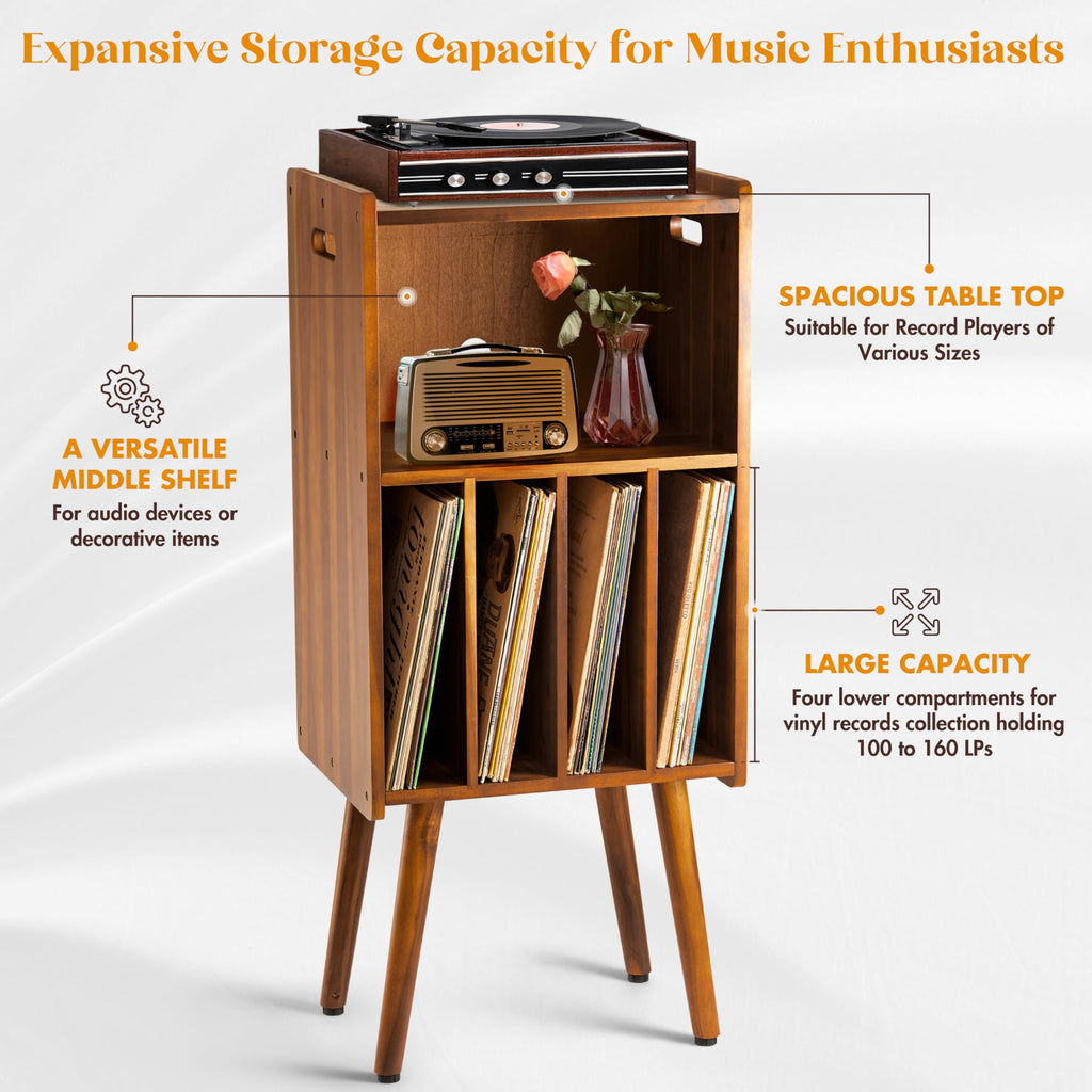 Wooden LP Record Player Stand, 3-Tier Turntable Stand Cabinet Holds up to 100 Albums, Metal Record Storage Holder and