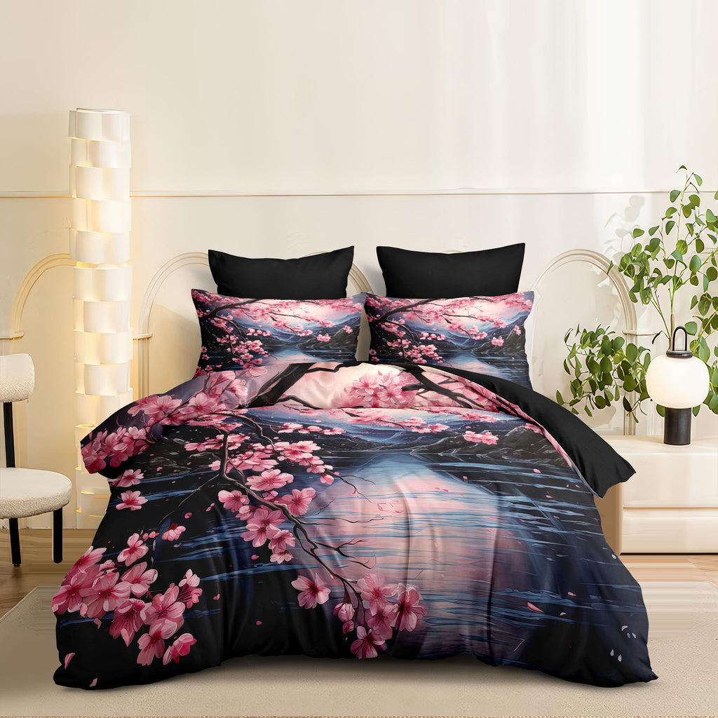 Cherry Blossoms Bedding Set Queen Size, Black Pink Japanese Comforter Set for Girls, 3Pcs Soft Microfiber Quilted Set