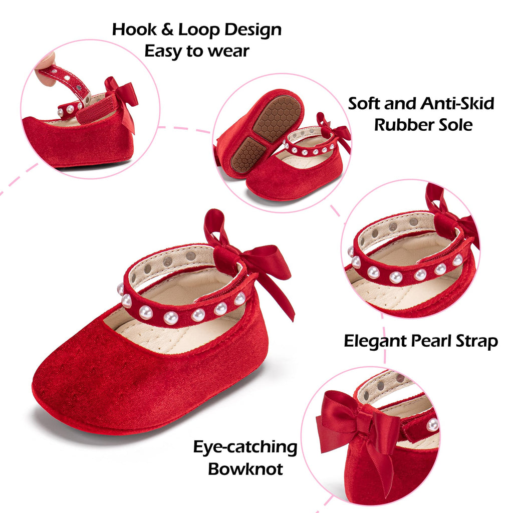 Baby Girls Velvet Red Mary Jane Flats - Infant Walking Shoes Soft Rubber Sole Princess Wedding