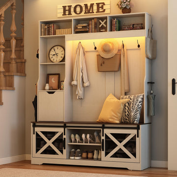 75''H 59''W Large LED Farmhouse Hall Tree with Bench and Shoe Storage, Entryway Bench with Coat Rack, 16 Shoe Cubbies &