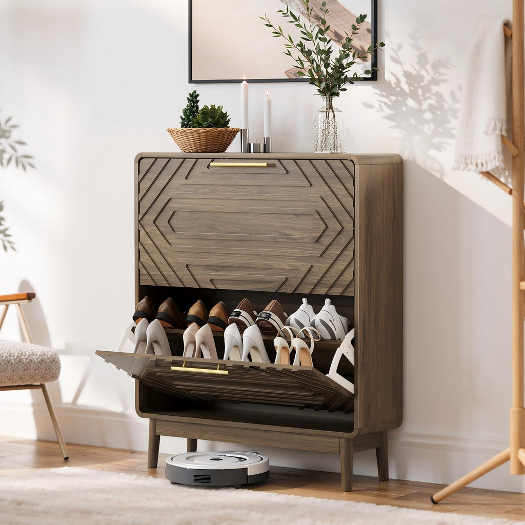 Shoe Storage Cabinet with Hand-Carved Raised Embossed 2 Flip Drawers, Narrow Shoe Cabinet Storage, Freestanding Shoe