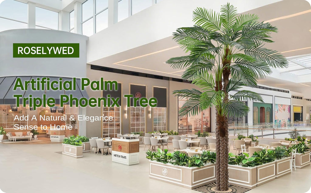 Artificial Triple Phoenix Palm Tree 10FT with 36 Leaves & Real Bark Tropical Coconut Areca Sago Palm Tall Large Faux