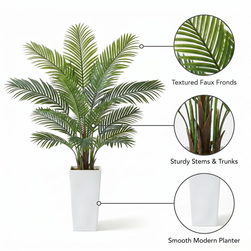 5FT Artificial Palm Tree, Tall Faux Tropical Areca Plants with White Tall Planter, Fake Potted Tree with Lifelike