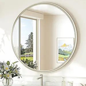 30 Inch Brushed Nickel Mirror Round Tempered, Shatterproof Bathroom Vanity Mirror Circle, Metal Farmhouse Wall Mounted