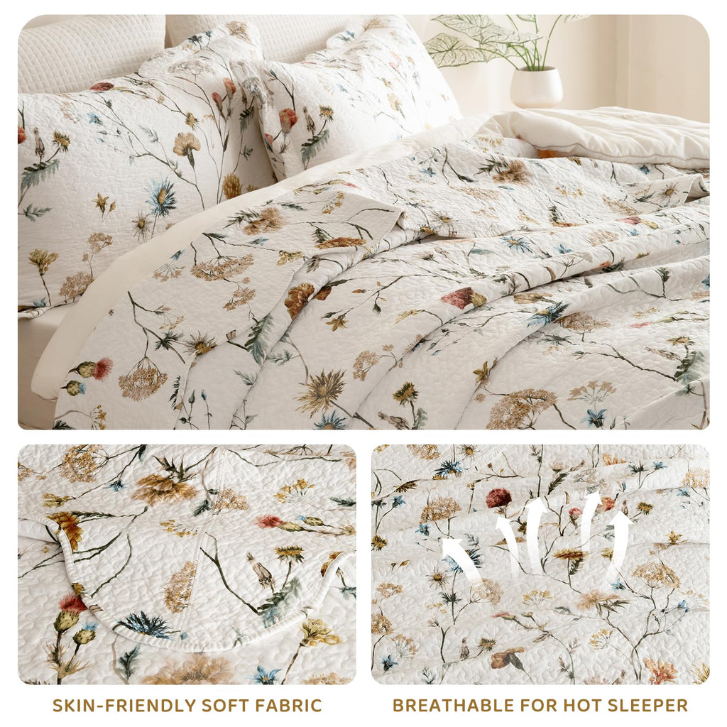 100% Cotton Floral Bedspread(120"x120"), Watercolor Wildflower Botanical Quilt Set 3Pcs Soft Neutral
