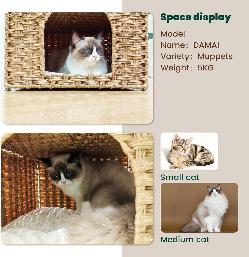 Safety Triple-Layer Cat House for Indoor Cats - Hand-Woven Rattan Cat Cave with 2 Hideaways & 3 Soft Pads - Foldable