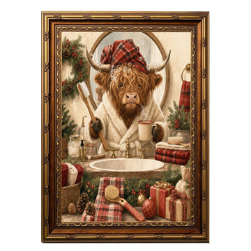 Christmas Highland Cow Wall Art (Christmas Art-C, 16x24in, Framed)