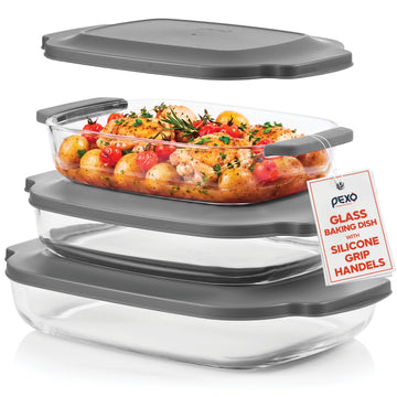 6-Piece Deep Glass Baking Dishes with Lids, Clear Glass Bakeware with Silicone Handles, (2.11QT, 3QT, 4.12QT)
