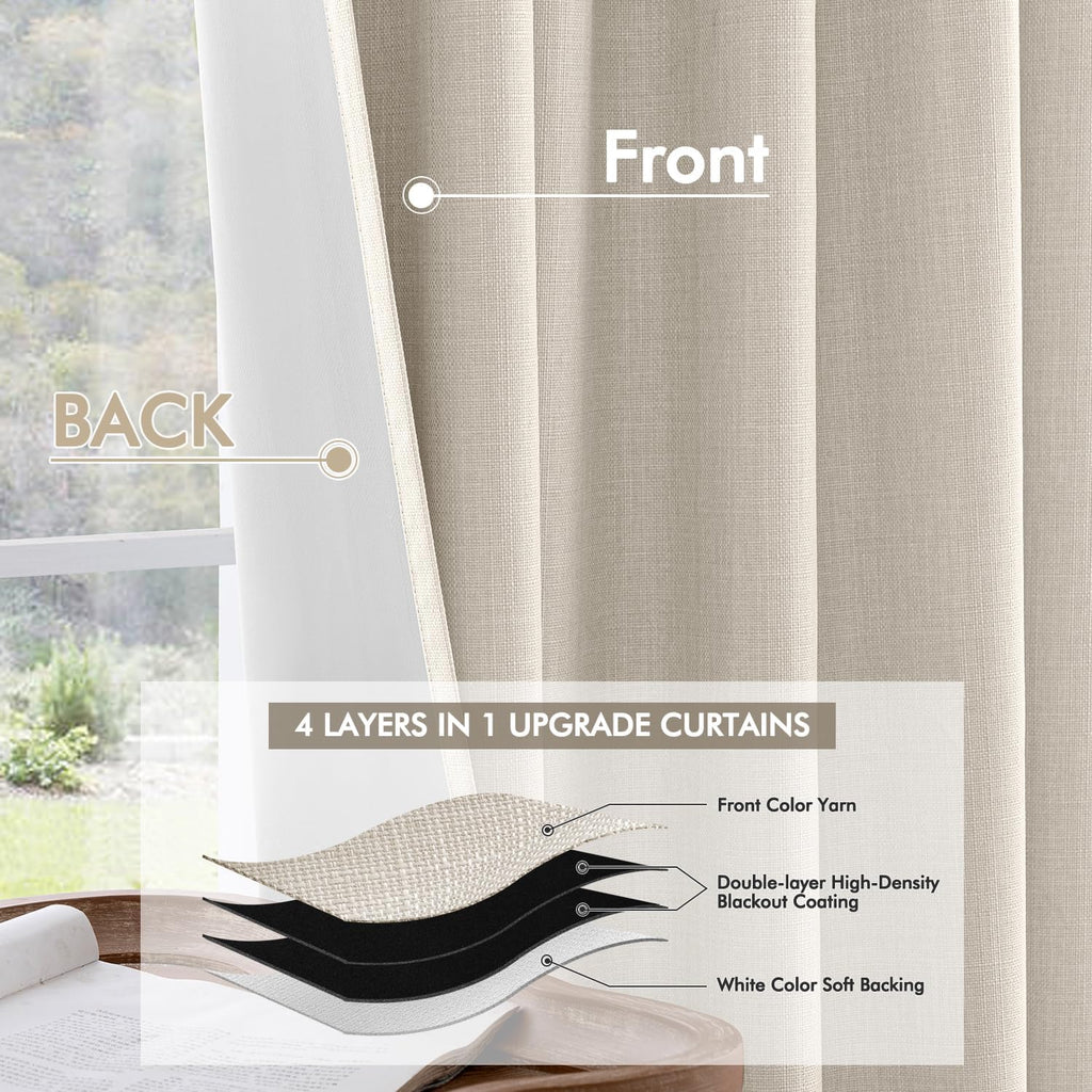 100% Blackout Curtains 96 Inch Long 2 Panels Set, Cream Thick Faux Linen Black Out Curtain Room Darkening Pleated