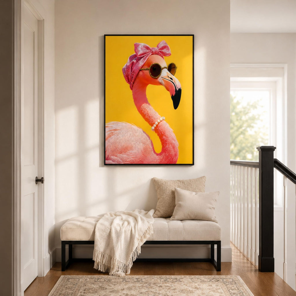 Framed Flamingo Wall Art, 3D Raised Crystal Accent Portrait, 19.7 x 27.6 in