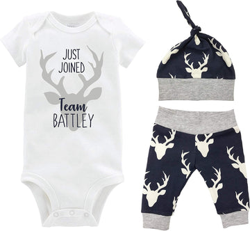 Just Joined Team Gray Navy Deer Boy Baby Coming Home Outfit - Bodysuit, Yoga Pants, and Top Knot Hat