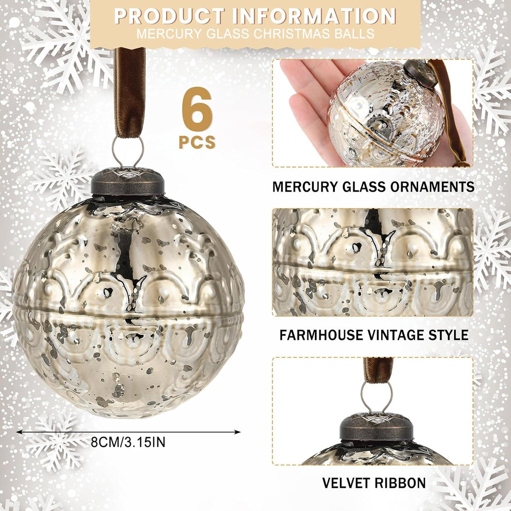 6 Pcs Champagne Gold Mercury Glass Christmas Ornaments, Etched