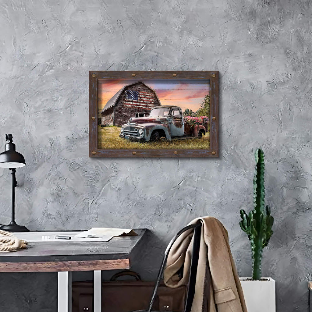 American Barn Vintage Pickup Wood Framed Wall Art 24"x16"