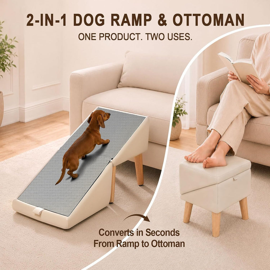 Dog Ramp for Couch and Bed, 16" High Foldable 2-in-1 Dog Ramp Ottoman, Solid Wood Frame with Non-Slip Mat, Easy to