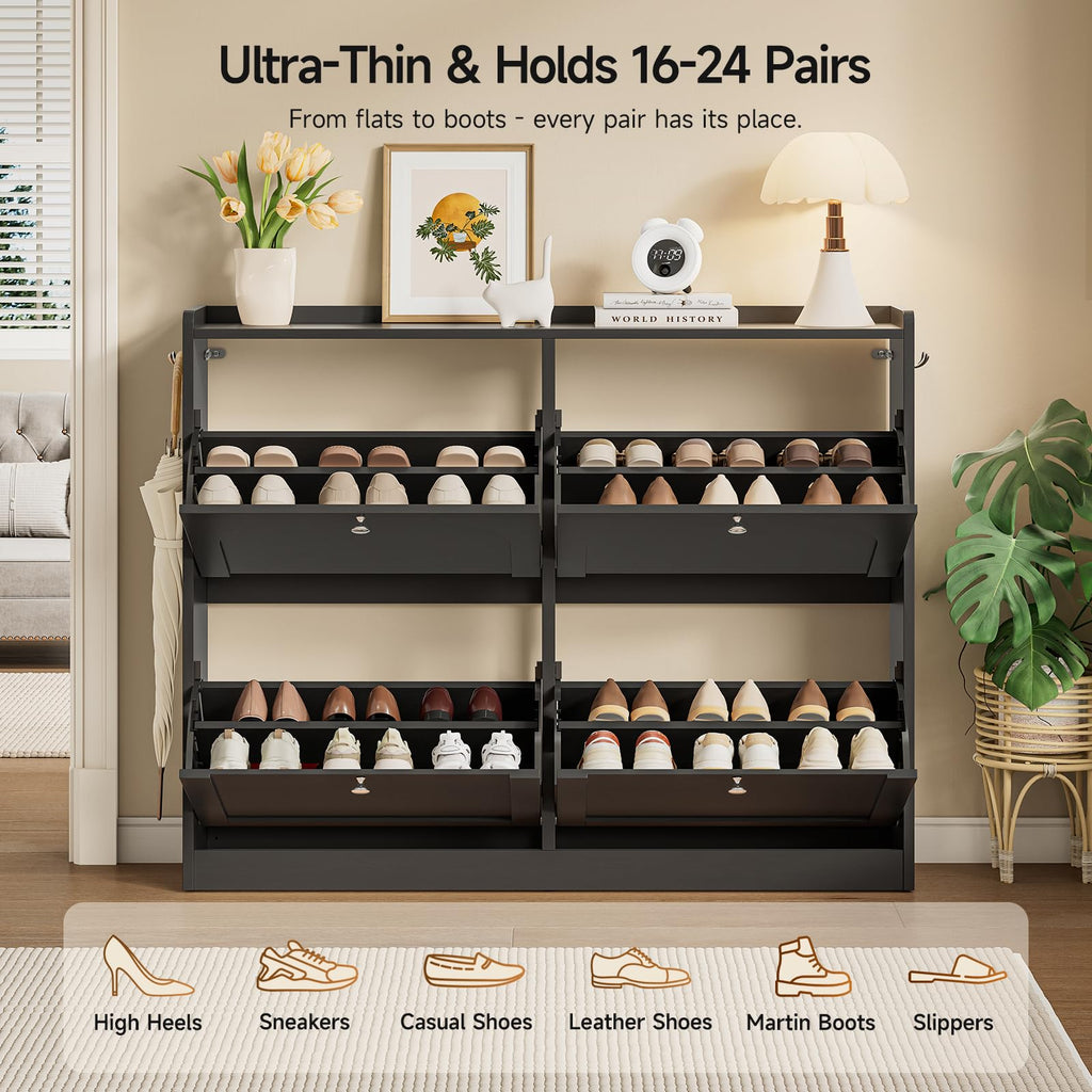 Shoe Cabinet with 4 Flip Drawers & 2 Side Hooks, Black
