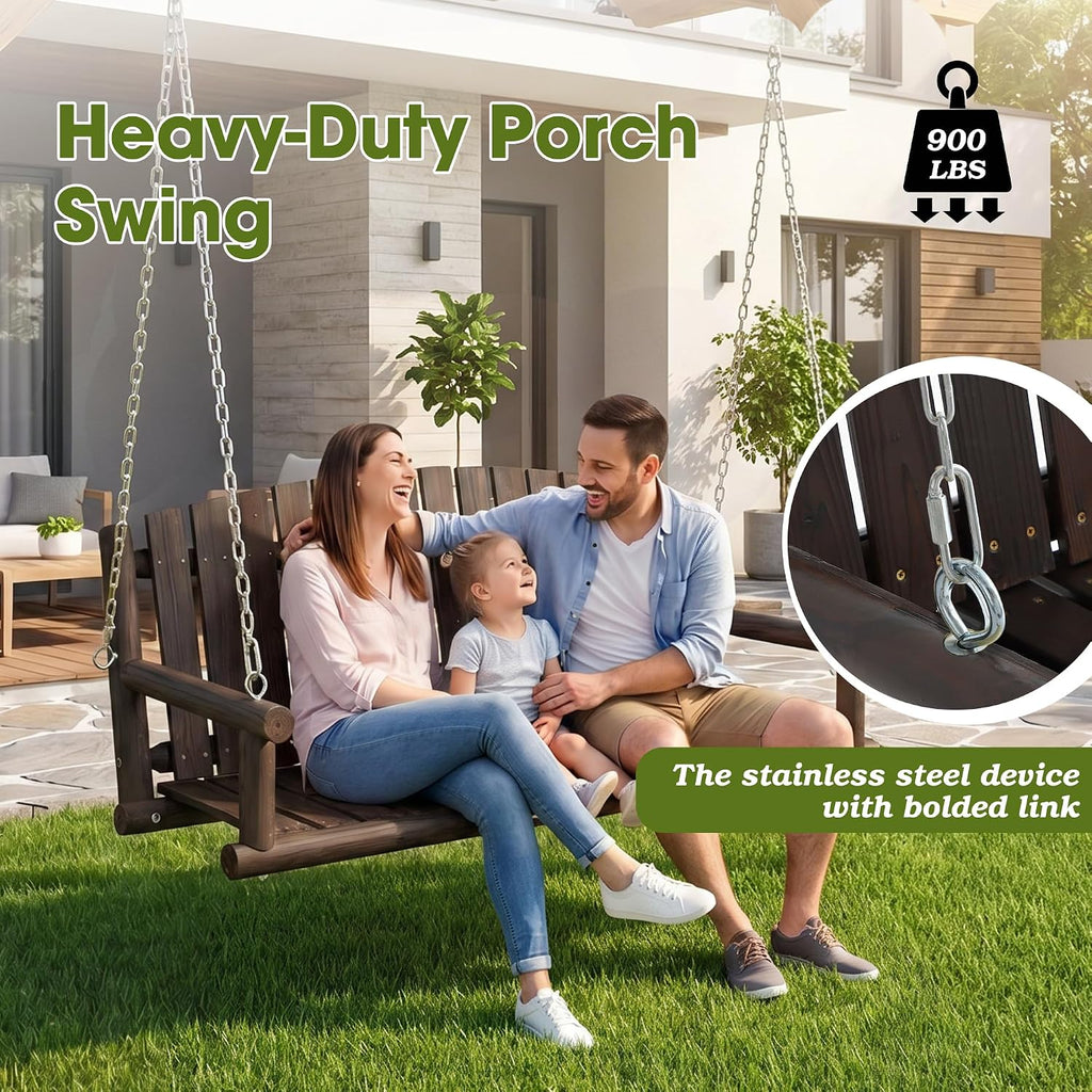 5FT Outdoor Wooden Porch Swing, 3 Person Patio Hanging Bench, Heavy Duty 900 LBS Swing Chair, Solid Fir Wood Porch