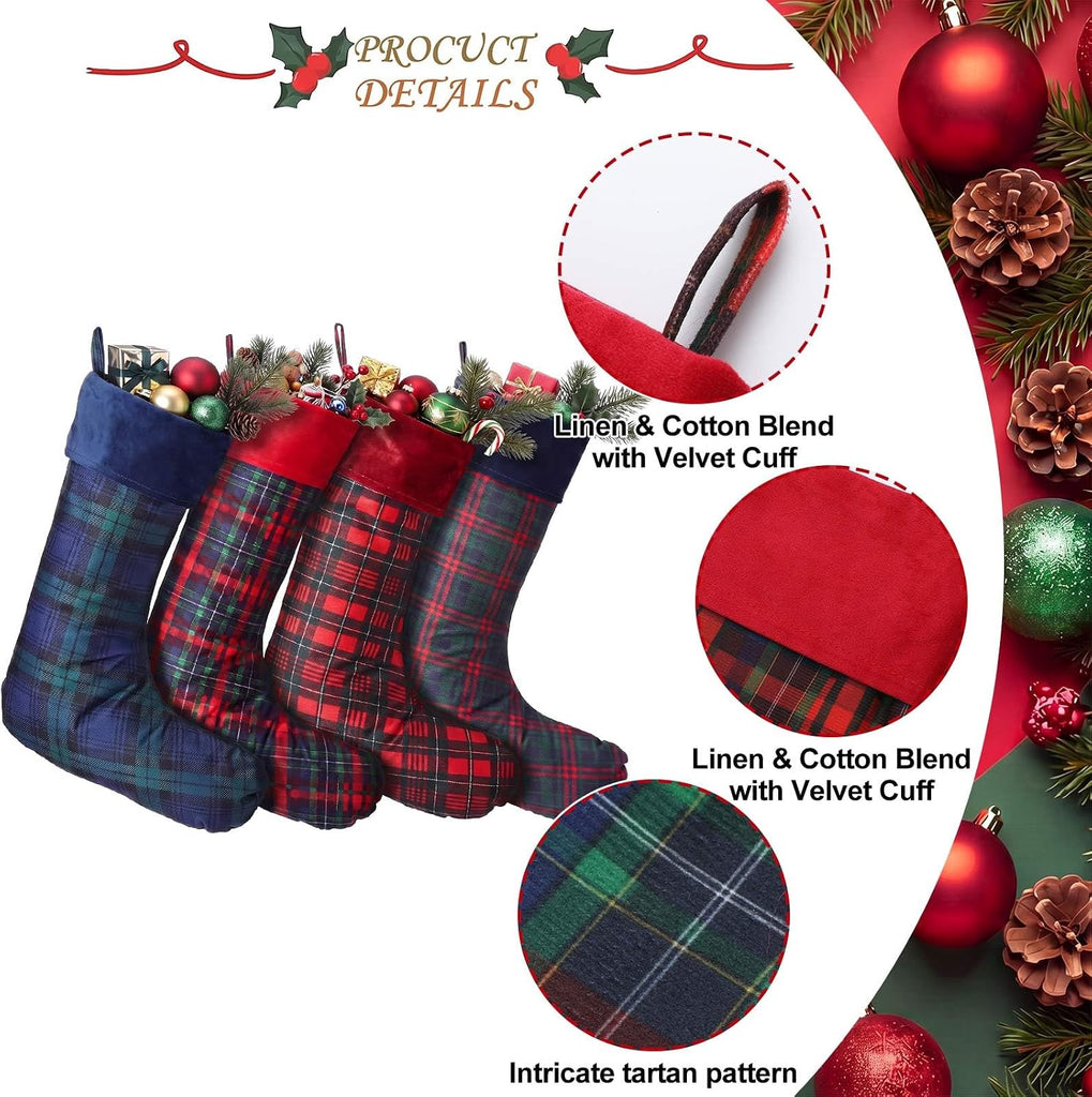 Classic Christmas Stockings Tartan Plaid Velvet Cuff 22" - Set of 4