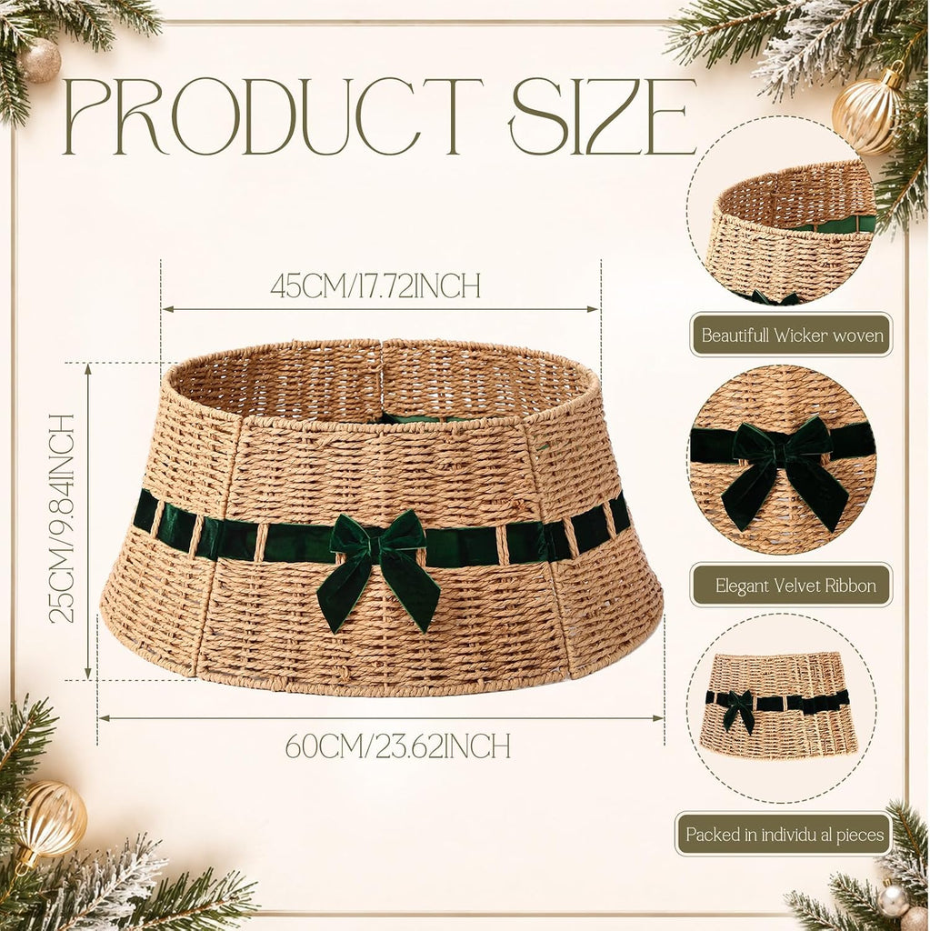 Wicker Christmas Tree Collar with Green Velvet Bow 23.6 Inch