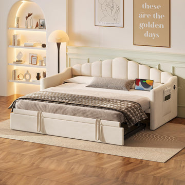 Daybed with Pop Up Trundle, Twin to King Sofa Bed Frame (Beige) | Velvet Upholstered, USB & Type-C Charging Port, 2