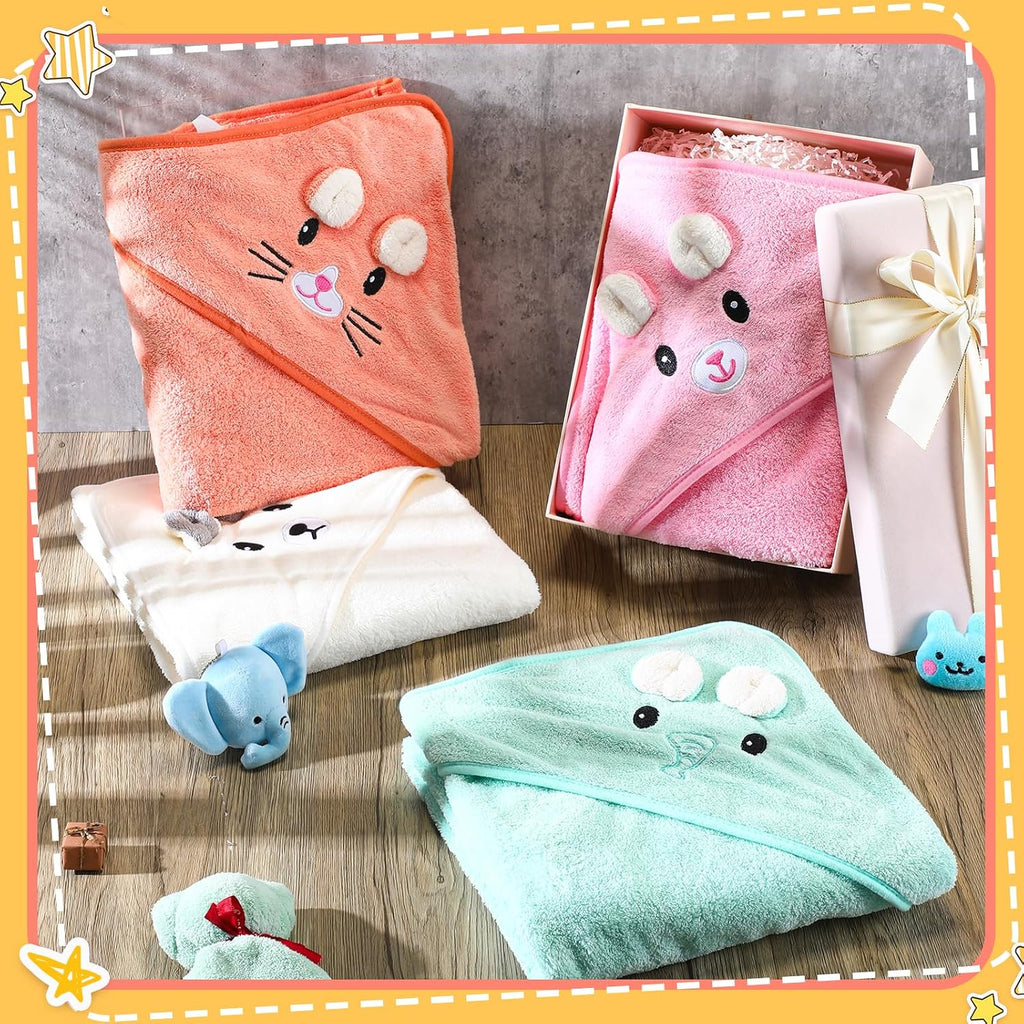 4 Pcs Baby Bath Towel 31.5 x 31.5 Inch Coral Fleece Baby Hooded Towel Absorbent Soft Babys Towels for Newborn Cartoon