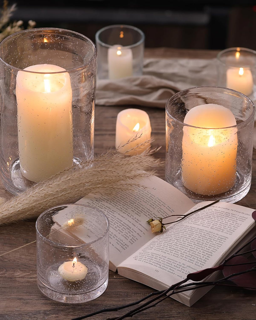 Hurricane Candle Holder Set of 3 Clear Candle Holders for Pillar Candles, Seeded Bubbles Glass Candle Holder for