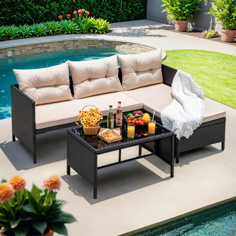 Outdoor Patio Furniture 3-Piece Rattan Waterproof Outdoor Sectional Sofa All-Weather L Shaped Patio Couch with Cushion