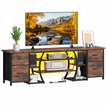 LED TV Stand for 65, 70, 80 Inch TV, 71 Inch Industrial Entertainment Center with Power Outlets, Media Console Table