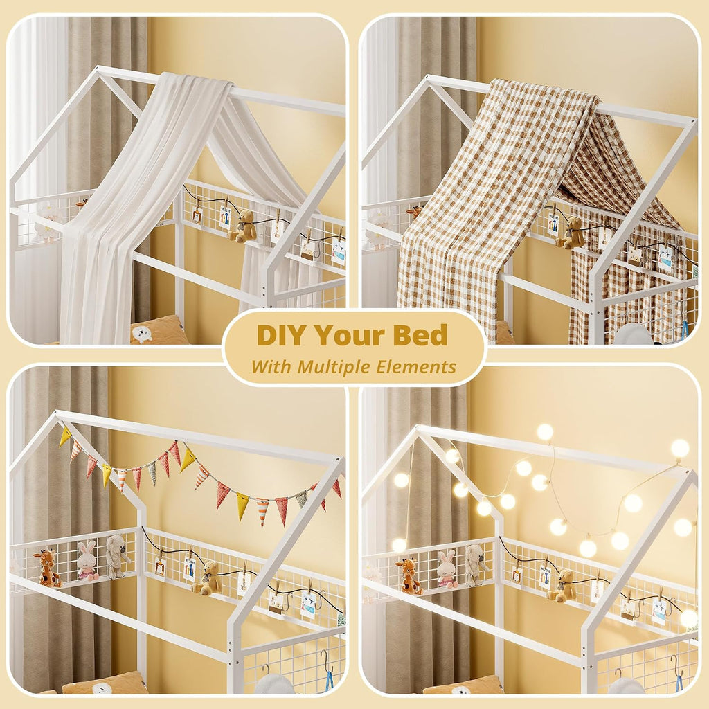 Floor Bed Frame with Fence Guardrails and Roof, White