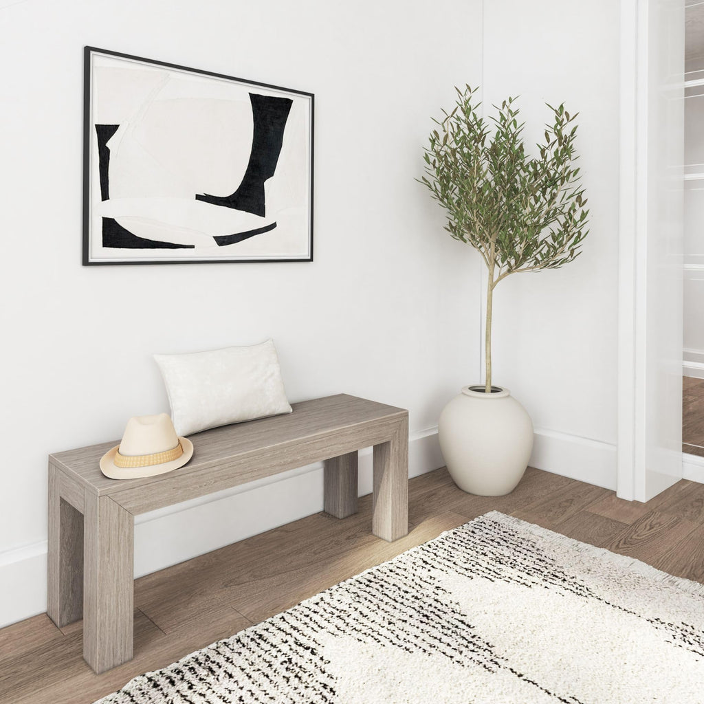 Modern Dining Bench, 49 Inch, Seashell Wirebrush