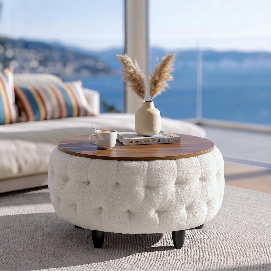 Large Round Storage Ottoman Coffee Table with Wooden Tabletop, 32 Inches Teddy Fleece Tufted Ottoman s (White)