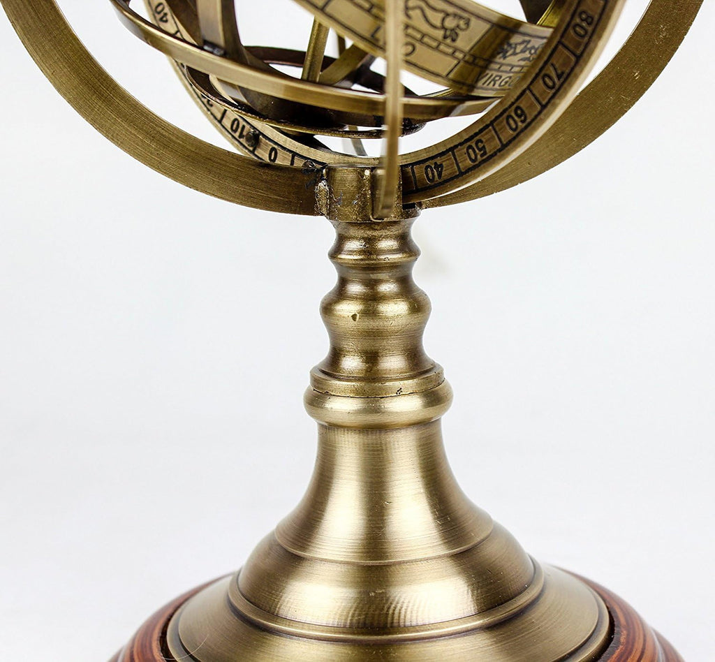 Antique Vintage Zodiac Armillary Brass Sphere Globe Wooden Display | Pirate's Antique Ship Decor | (Medium, Antique