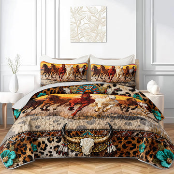 Western Horse Quilted Bedding Set, 3-Piece Running Horses Sunset Theme Bedspread Boho Coverlet, with 2